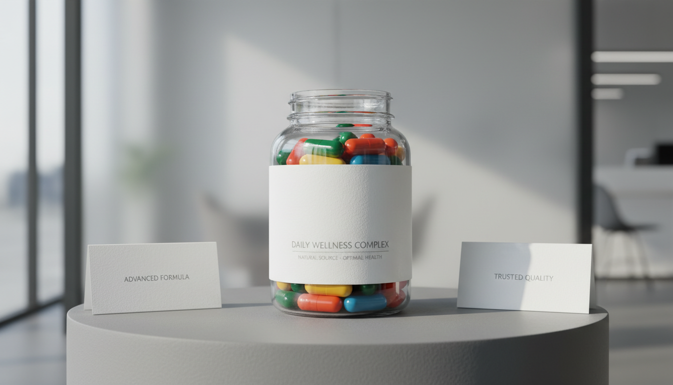 A crystalline clear glass jar filled with assorted health supplements, each capsule displaying vibrant, natural colors against the muted backdrop of finely textured white labeling. The jar rests on a sleek, lightly textured gray surface in a modern office showroom, accompanied by minimalist product information placards. Gentle daylight streams from a nearby frosted glass wall, casting soft, diffused highlights on the jar and subtle, crisp shadows across the neatly organized setting. The overall mood is professional, trustworthy, and clean. Captured at an eye-level, centered composition with balanced framing and sharp focus throughout. The look is photographic realism, emphasizing clean lines, a structured layout, and a corporate aesthetic that exudes reliability in health product distribution.
